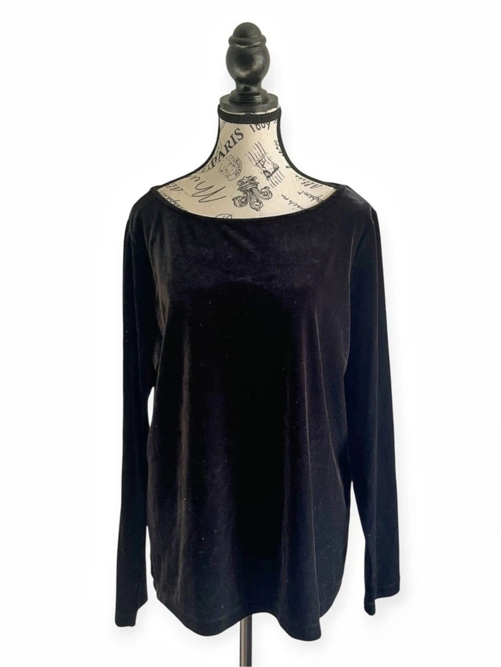 Contemporaine Black Velvet Long Sleeve Top Boat Collar Minimalist Basic Soft